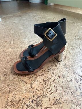 Celine Black Leather Ankle-Cuff Sandals with Gold Buckle size 37